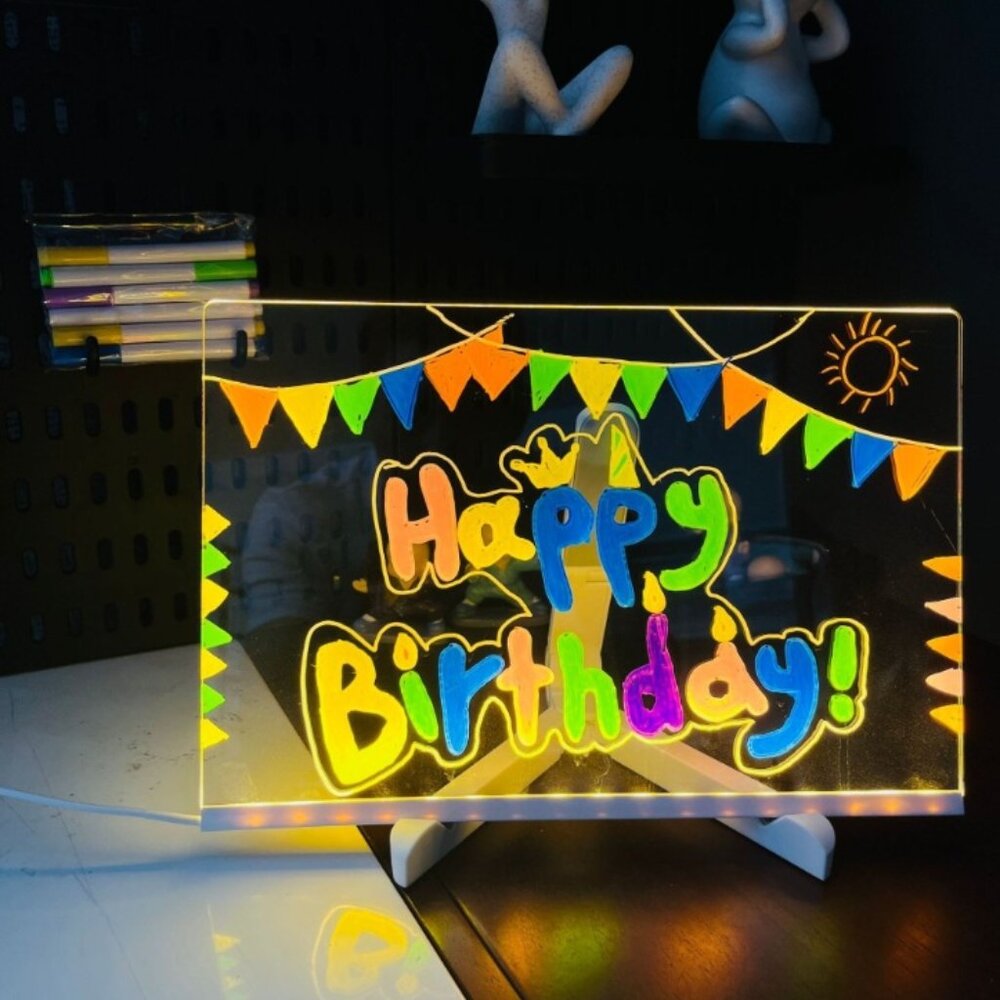 LED Message Board 12” x 8” Clear Desktop Whiteboard  with 7 Colors Pens